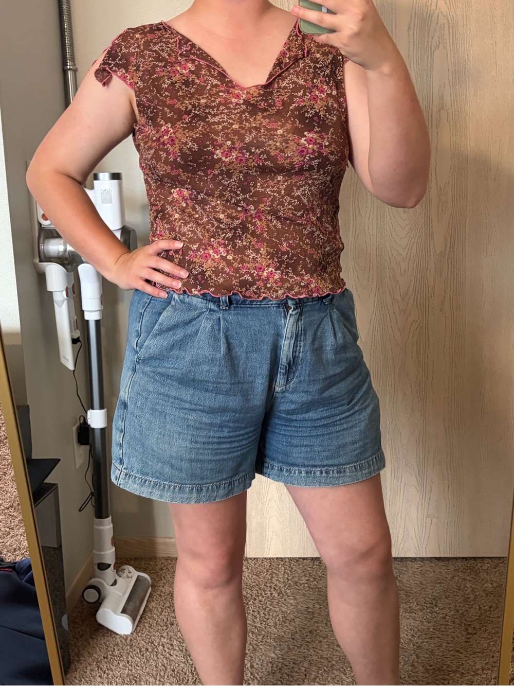 Y2K Vintage Ninety Brown & Pink Floral Mesh Top